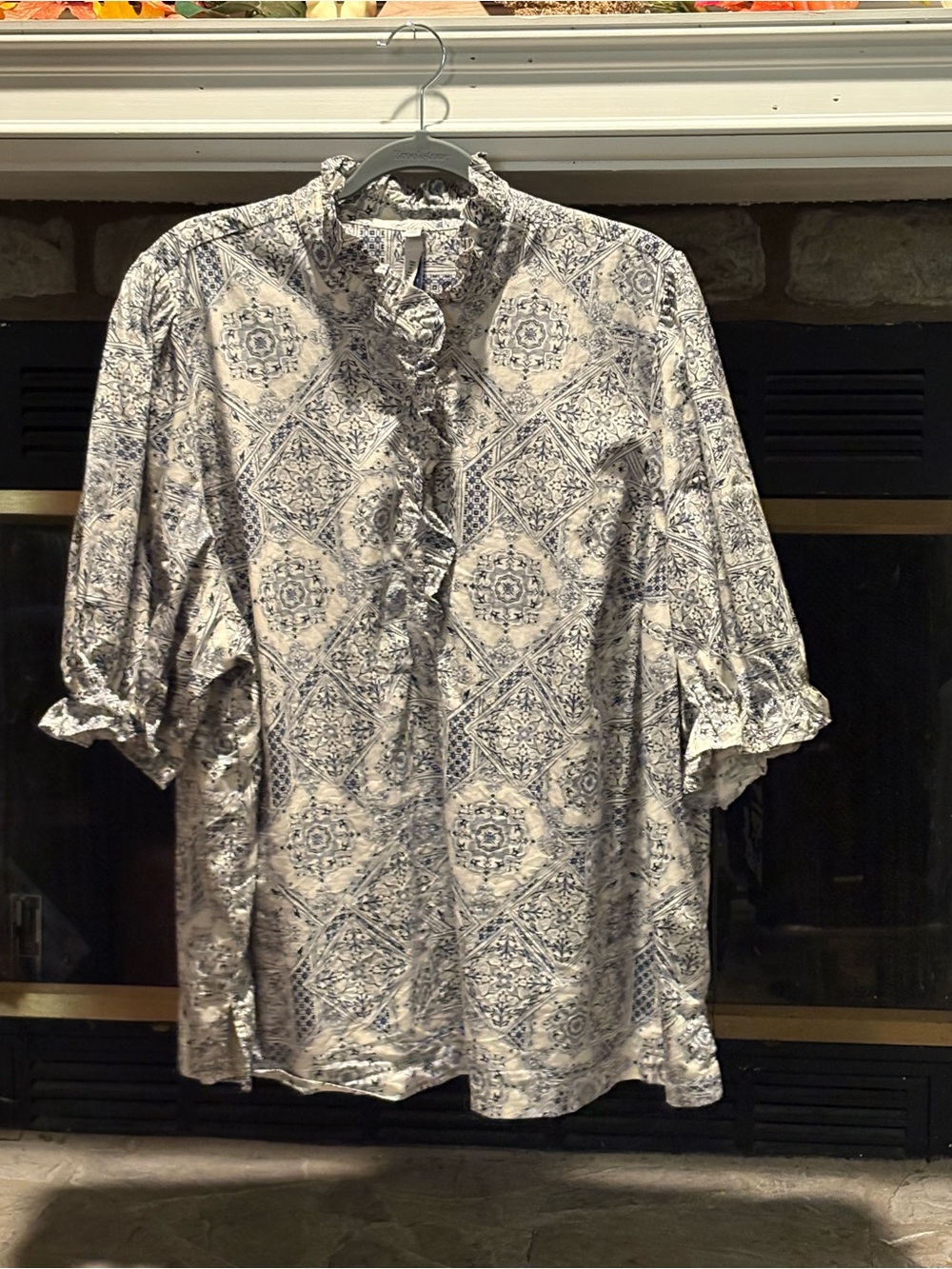 Belle Isle Cream Blouse with Navy Tile Print and Ruffle Front
